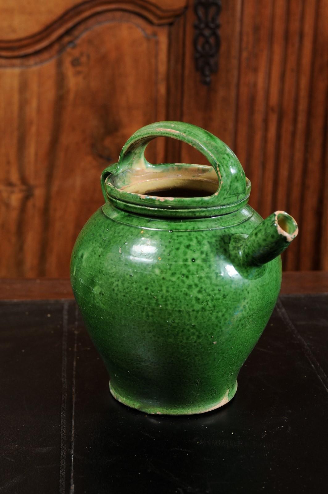 French Provincial 19th Century Green Glazed Olive Oil Jug with Weathered Patina 11