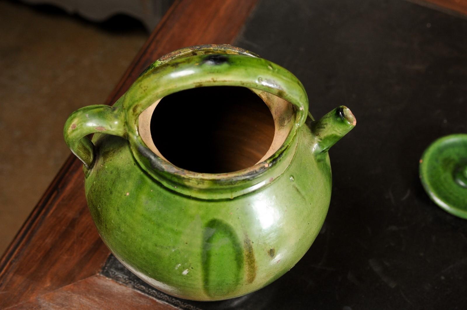 French Provincial 19th Century Green Glazed Olive Oil Jug with Weathered Patina 11