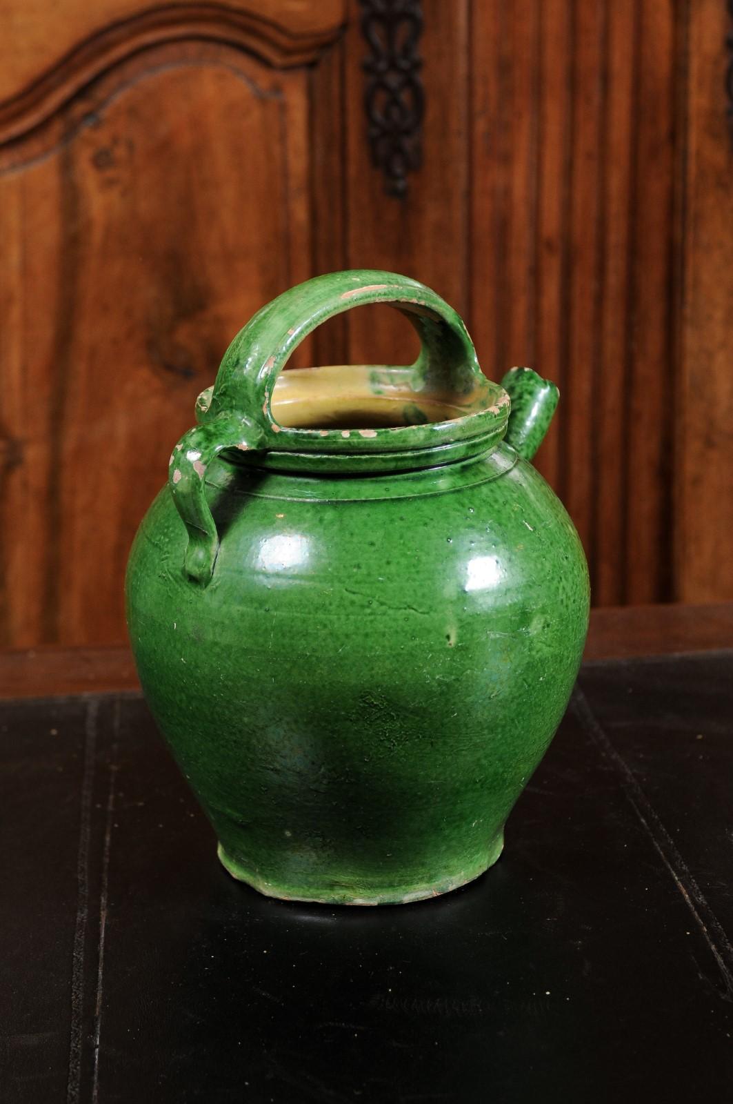 French Provincial 19th Century Green Glazed Olive Oil Jug with Weathered Patina In Good Condition In Atlanta, GA