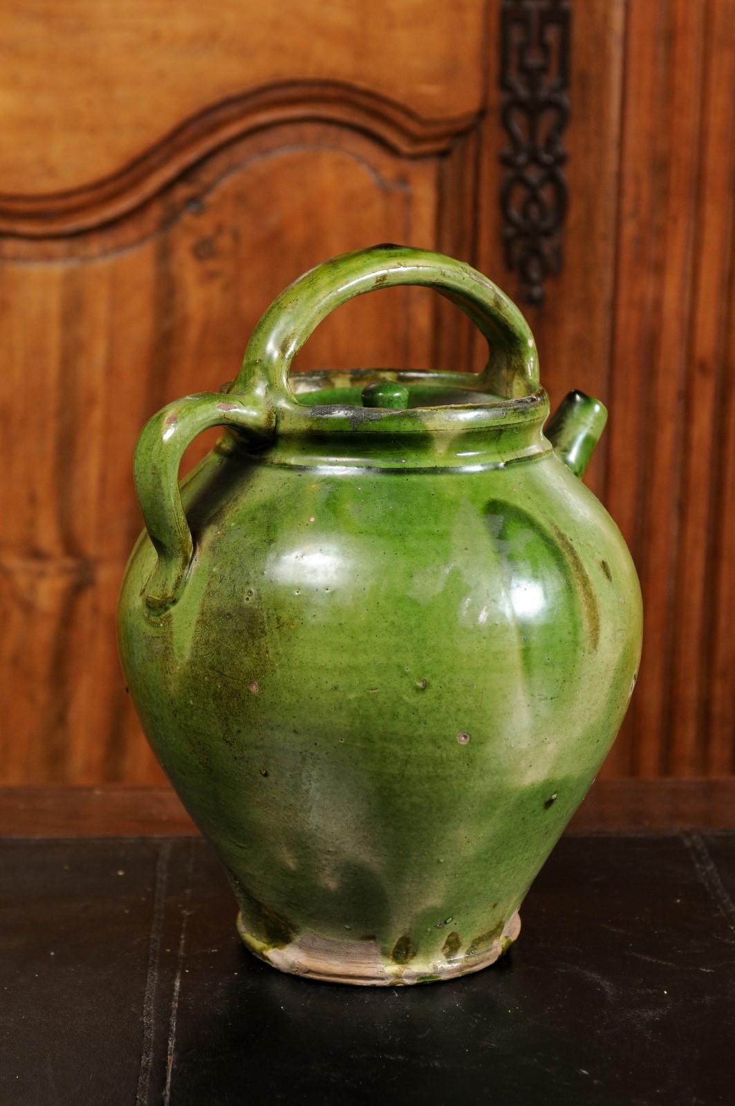 French Provincial 19th Century Green Glazed Olive Oil Jug with Weathered Patina In Good Condition In Atlanta, GA