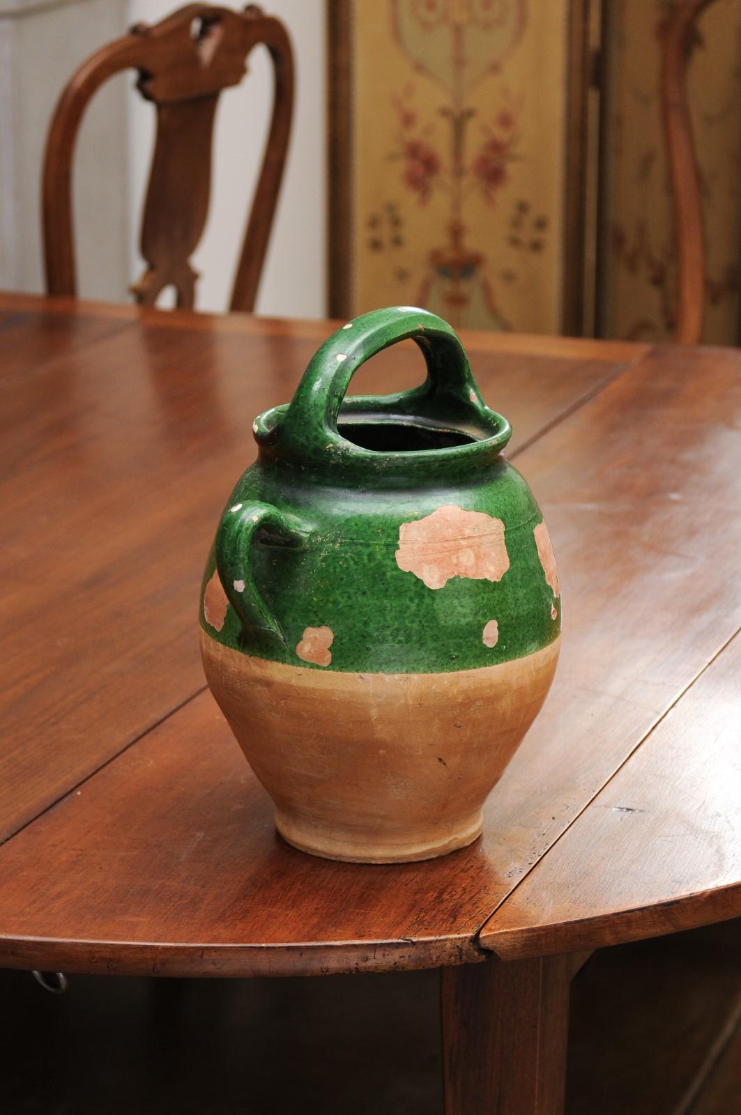 Pottery French Provincial 19th Century Green Glazed Olive Oil Jug with Weathered Patina
