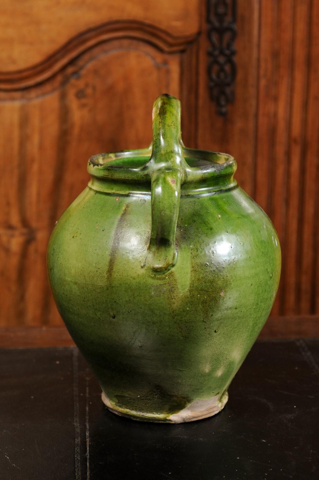 Pottery French Provincial 19th Century Green Glazed Olive Oil Jug with Weathered Patina