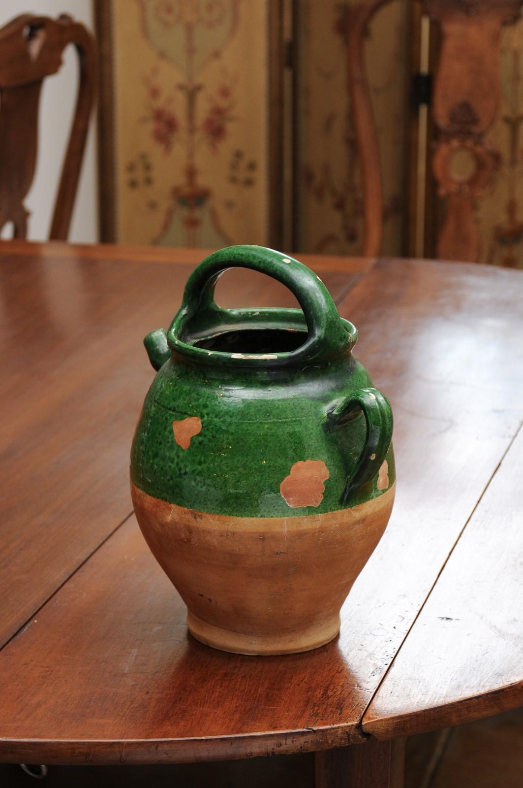 French Provincial 19th Century Green Glazed Olive Oil Jug with Weathered Patina 1