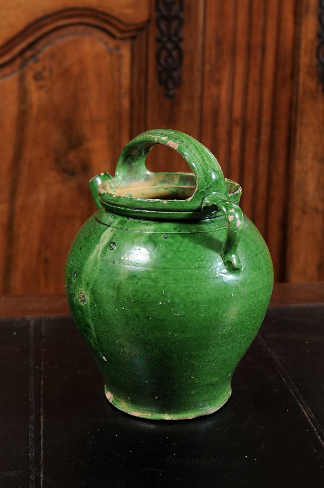 French Provincial 19th Century Green Glazed Olive Oil Jug with Weathered Patina 1