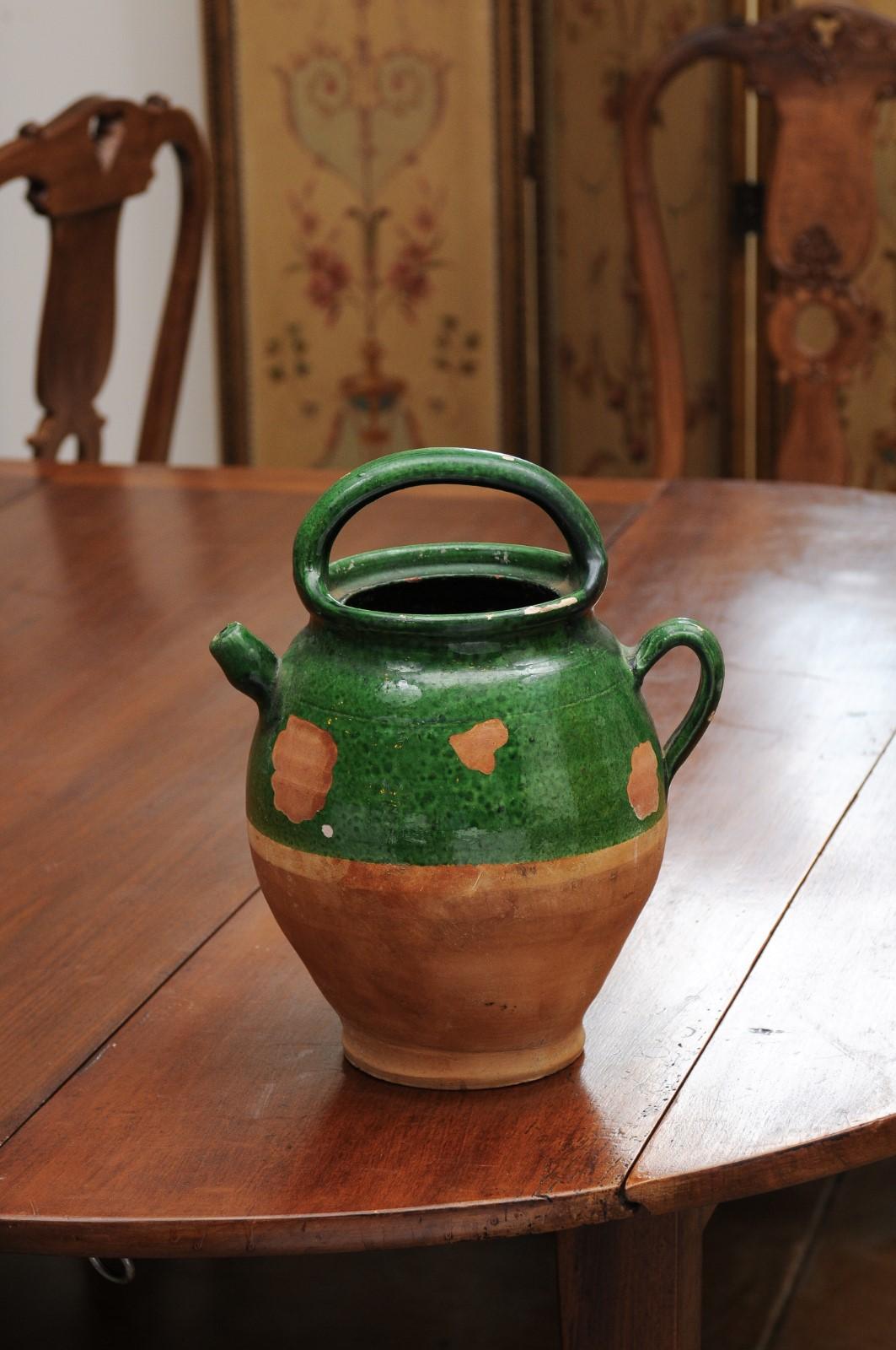 French Provincial 19th Century Green Glazed Olive Oil Jug with Weathered Patina 2