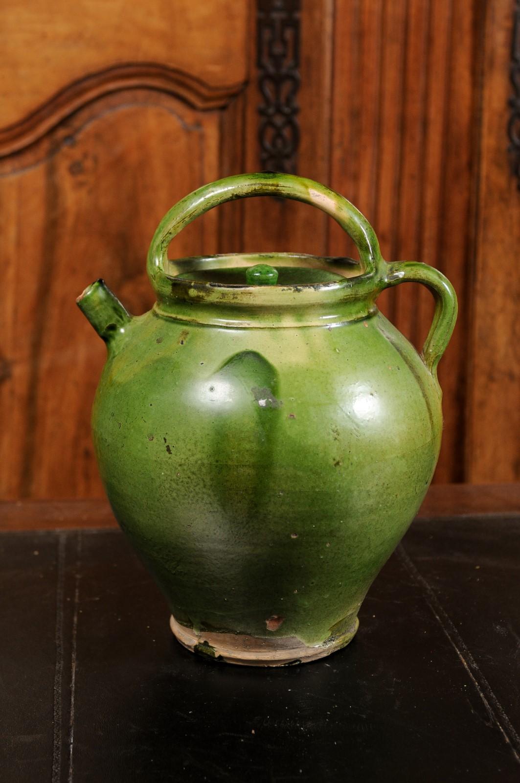 French Provincial 19th Century Green Glazed Olive Oil Jug with Weathered Patina 2