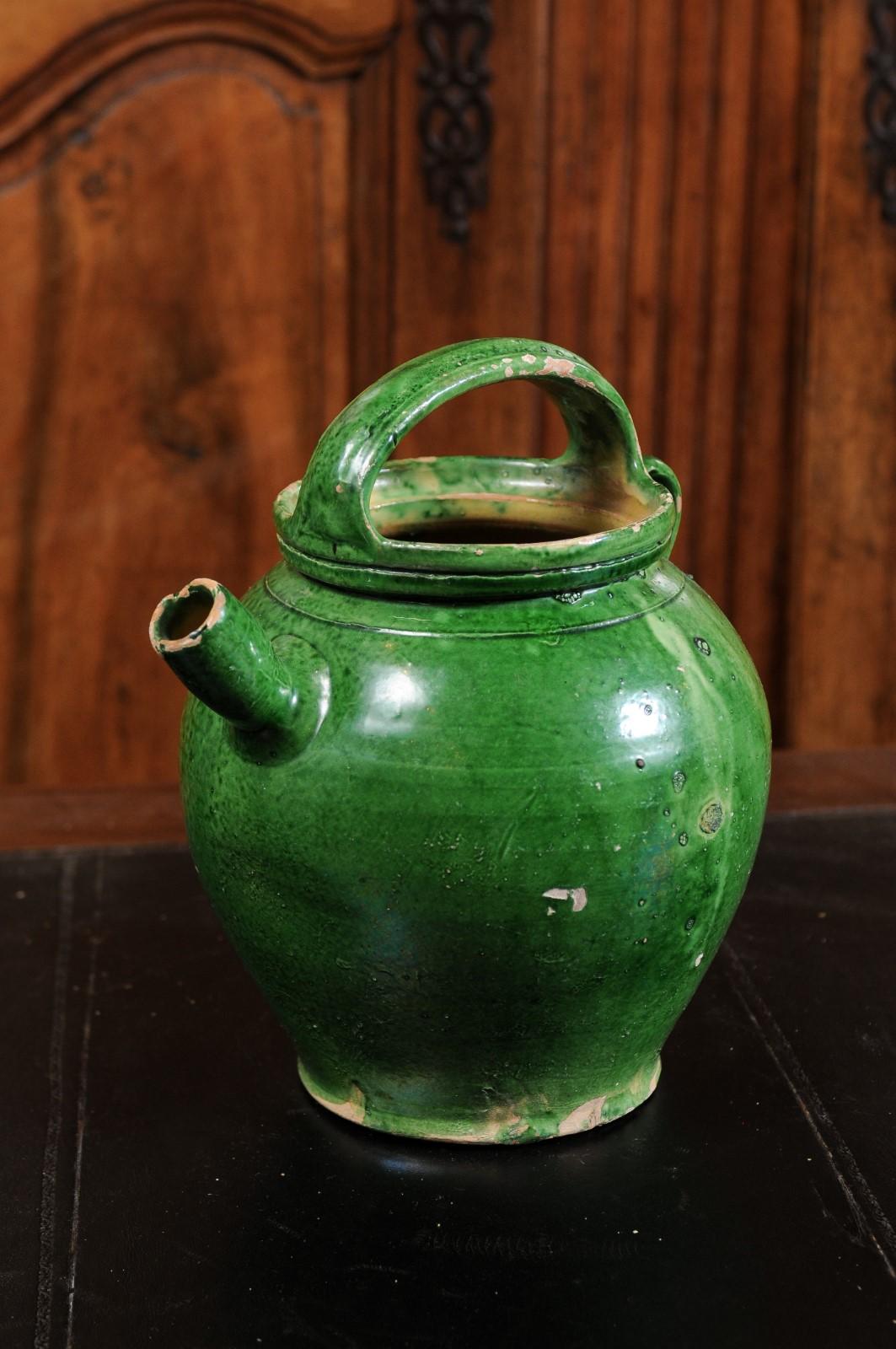 French Provincial 19th Century Green Glazed Olive Oil Jug with Weathered Patina 3