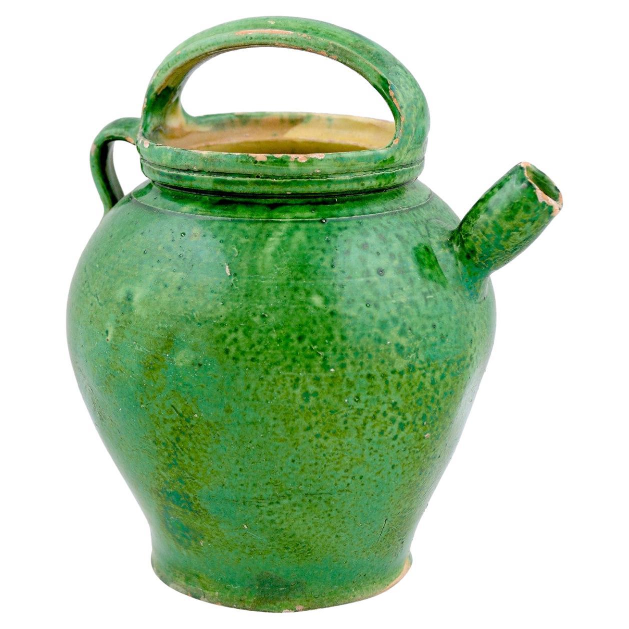 French Provincial 19th Century Green Glazed Olive Oil Jug with Weathered Patina