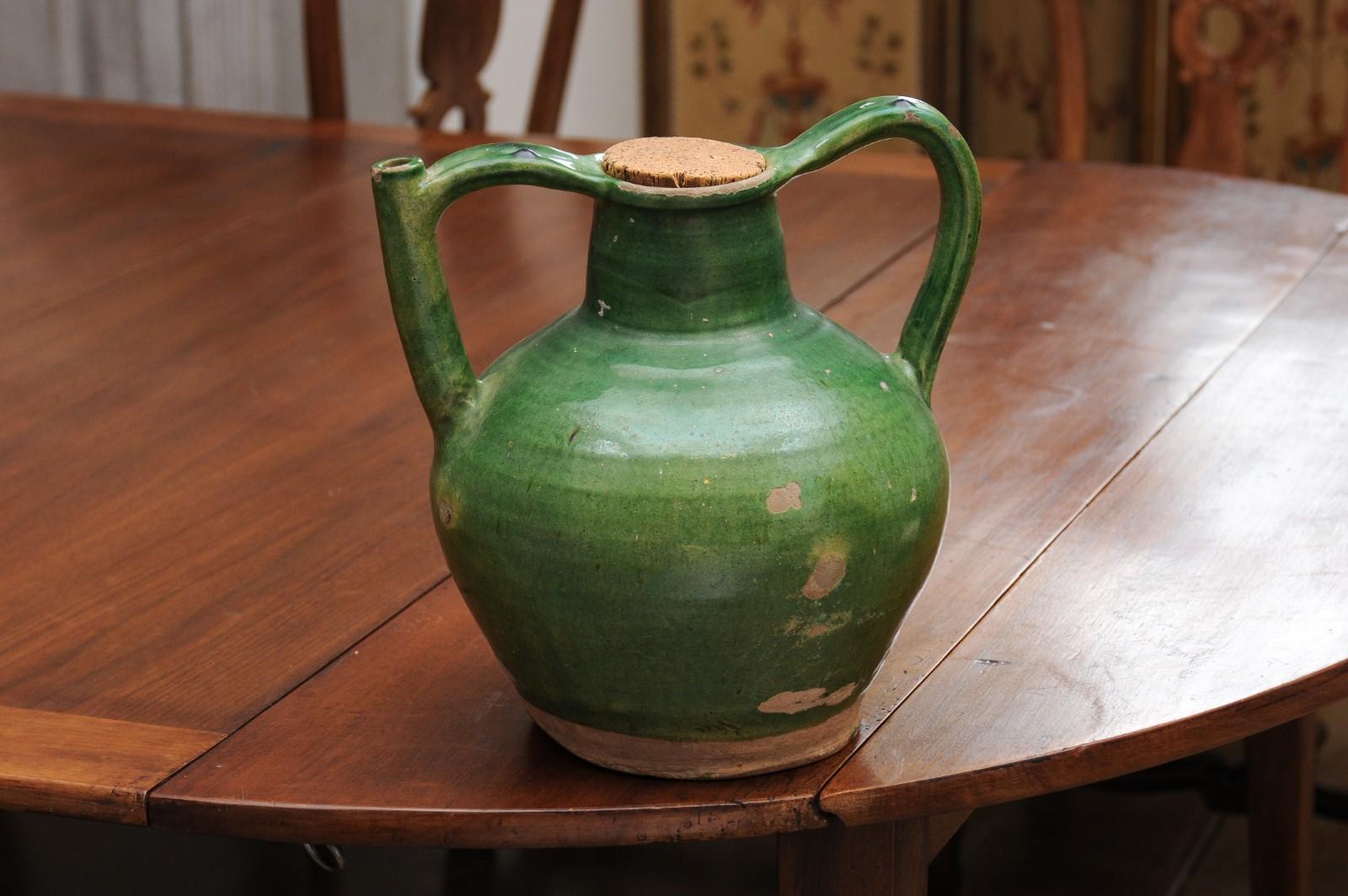 French Provincial 19th Century Green Glazed Pitcher with Cork Top In Good Condition In Atlanta, GA