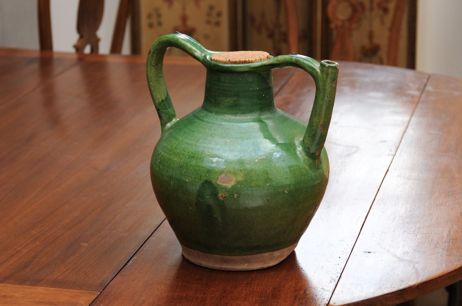 Pottery French Provincial 19th Century Green Glazed Pitcher with Cork Top