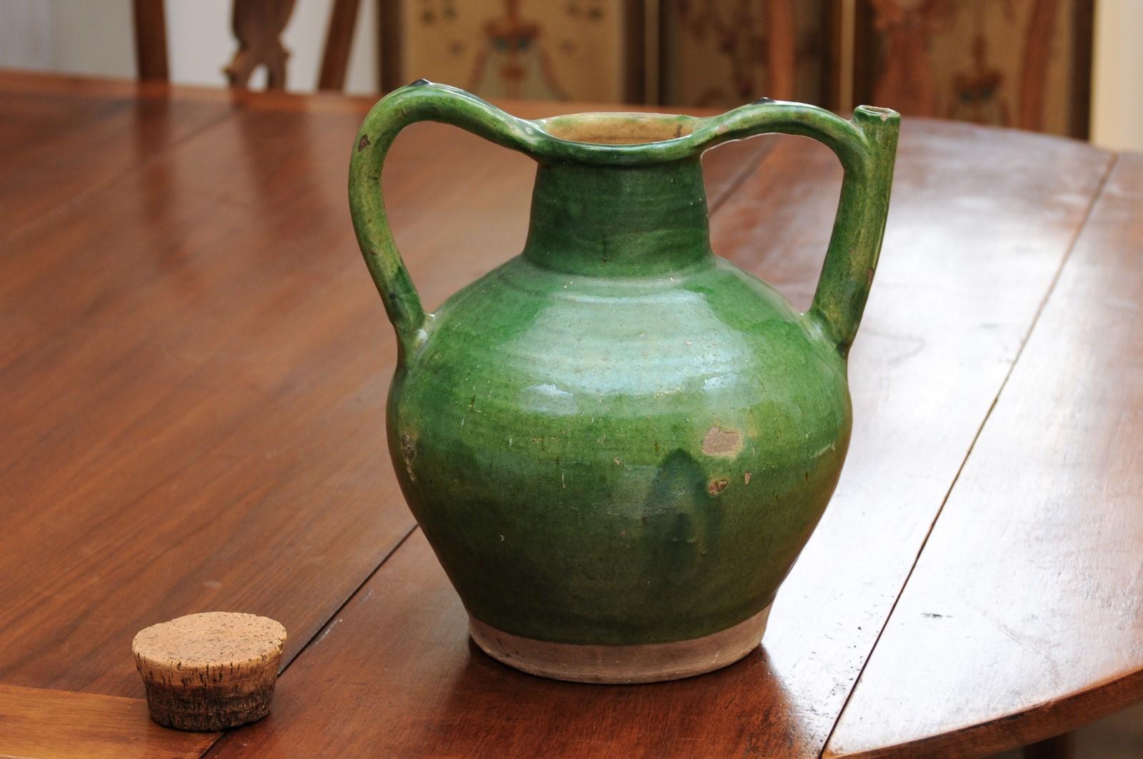 French Provincial 19th Century Green Glazed Pitcher with Cork Top 1
