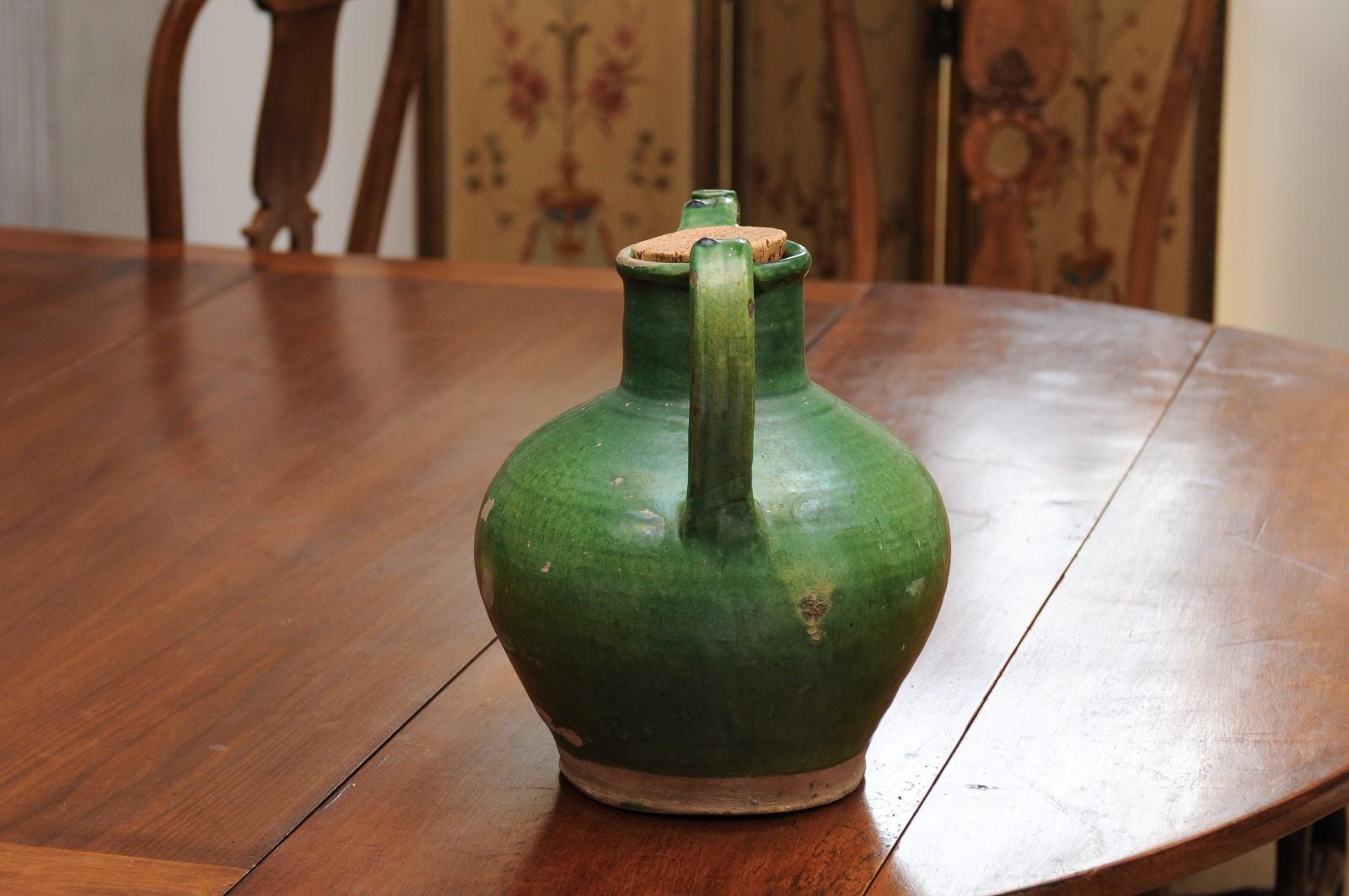 French Provincial 19th Century Green Glazed Pitcher with Cork Top 2