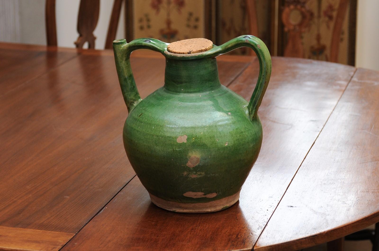 French Provincial 19th Century Green Glazed Pitcher with Cork Top 3