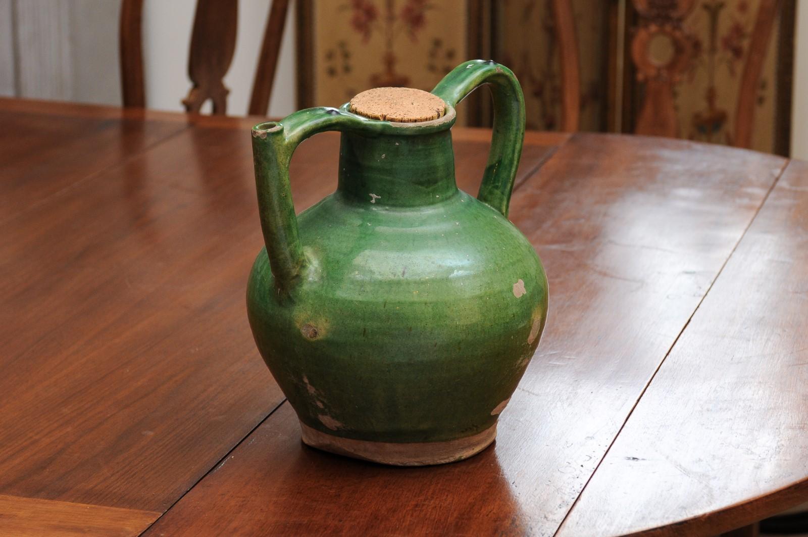 French Provincial 19th Century Green Glazed Pitcher with Cork Top 4