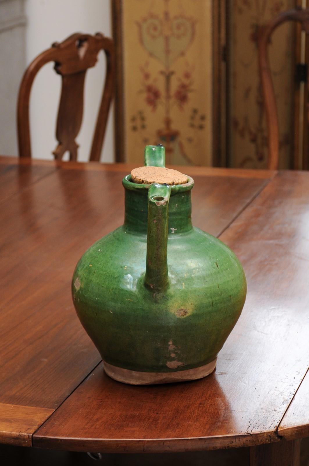 French Provincial 19th Century Green Glazed Pitcher with Cork Top 5