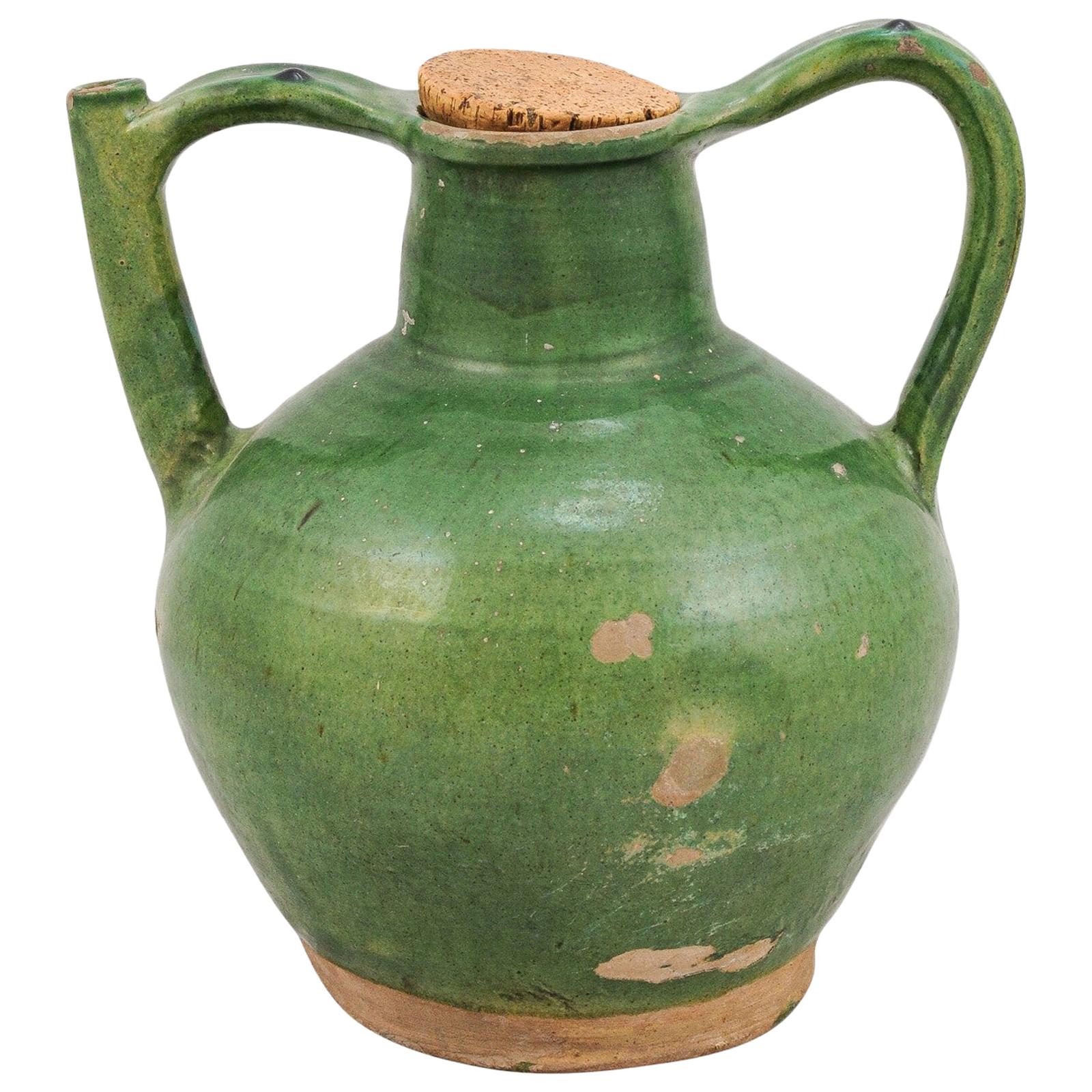 French Provincial 19th Century Green Glazed Pitcher with Cork Top