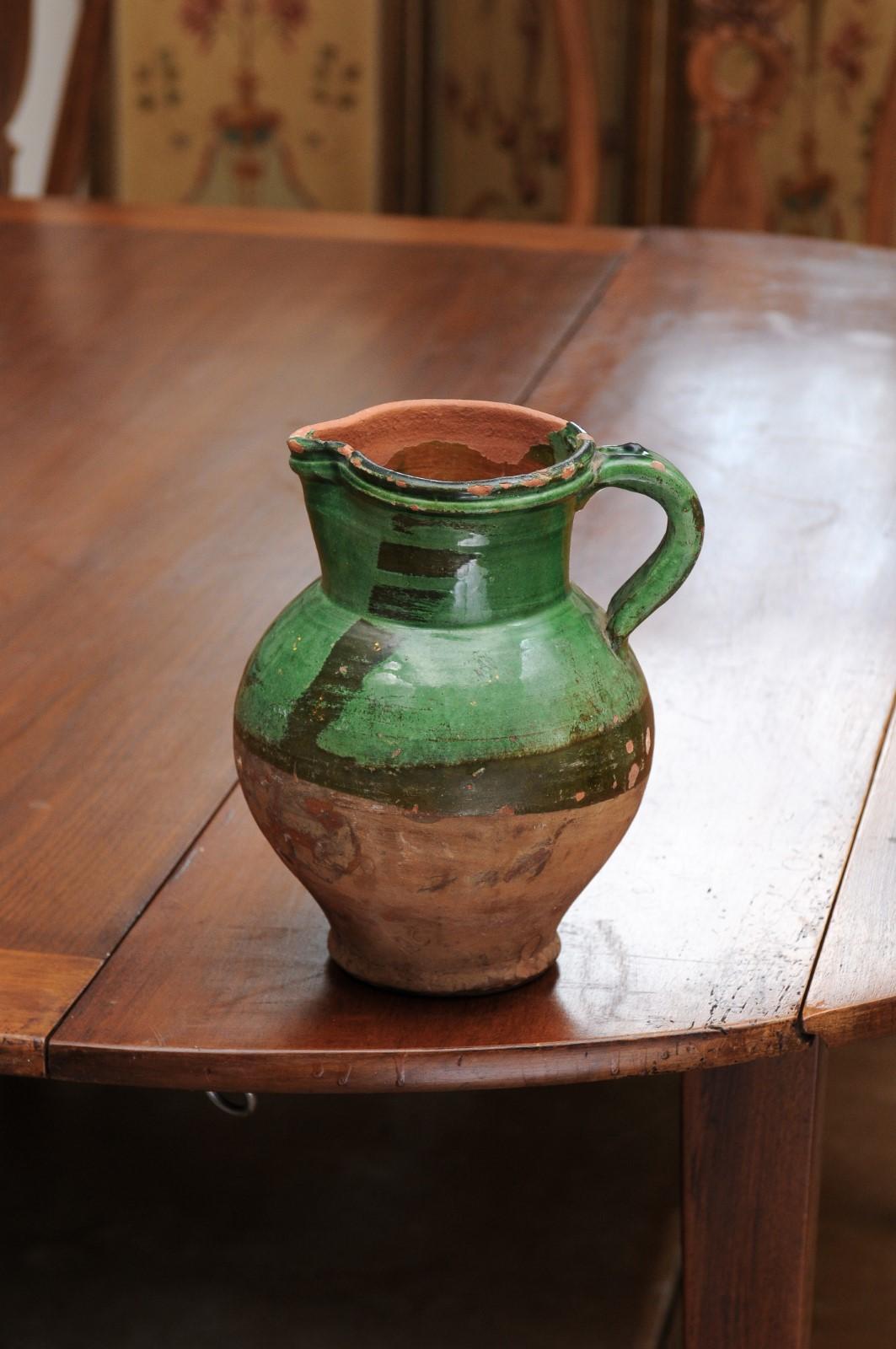 French Provincial 19th Century Green Glazed Pitcher with Distressed Patina 3
