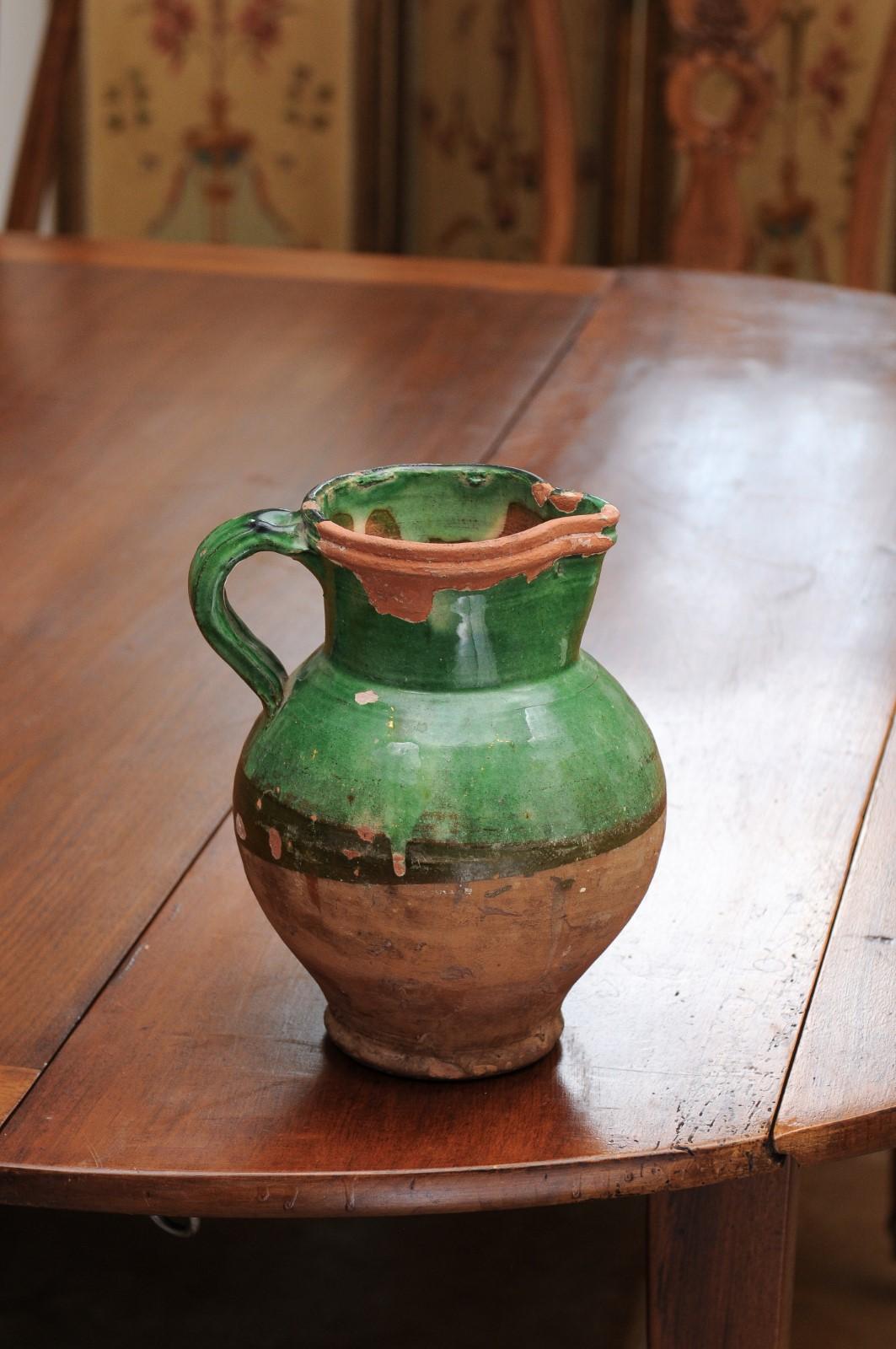 French Provincial 19th Century Green Glazed Pitcher with Distressed Patina 5