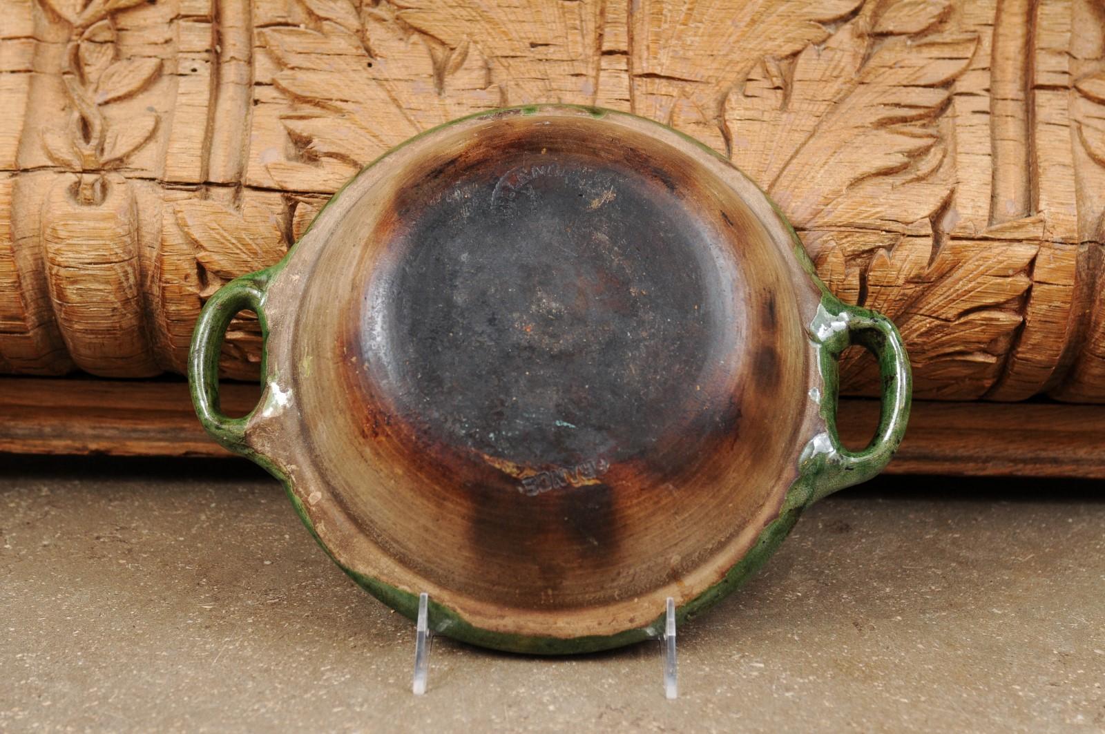 French Provincial 19th Century Green Glazed Pottery Bowl with Lateral Handles 8