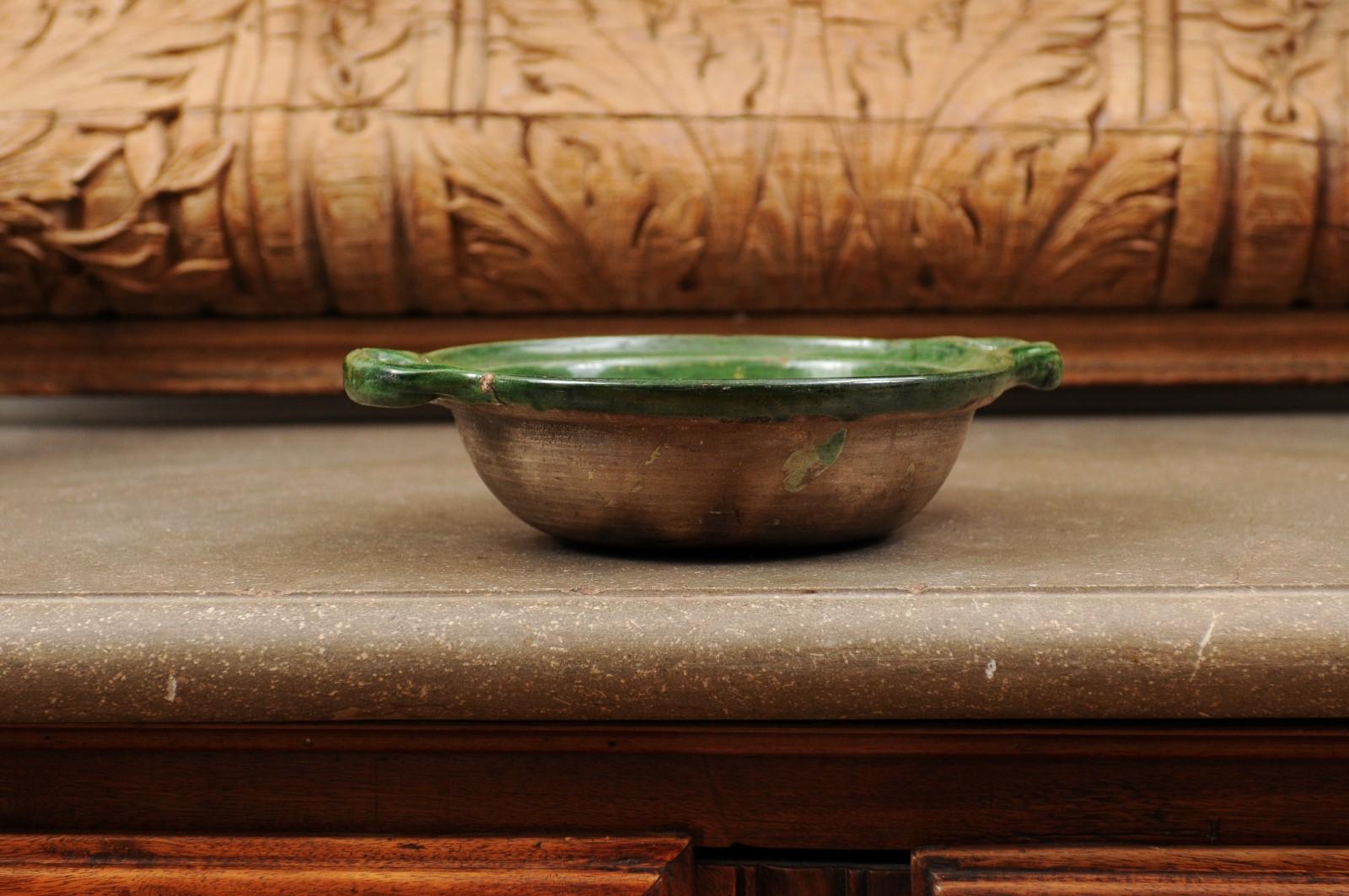 French Provincial 19th Century Green Glazed Pottery Bowl with Lateral Handles 9