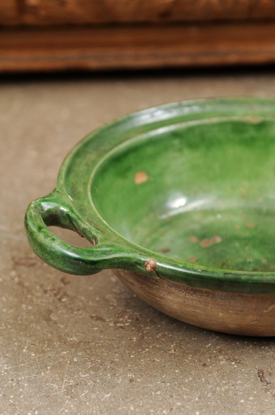 French Provincial 19th Century Green Glazed Pottery Bowl with Lateral Handles 1