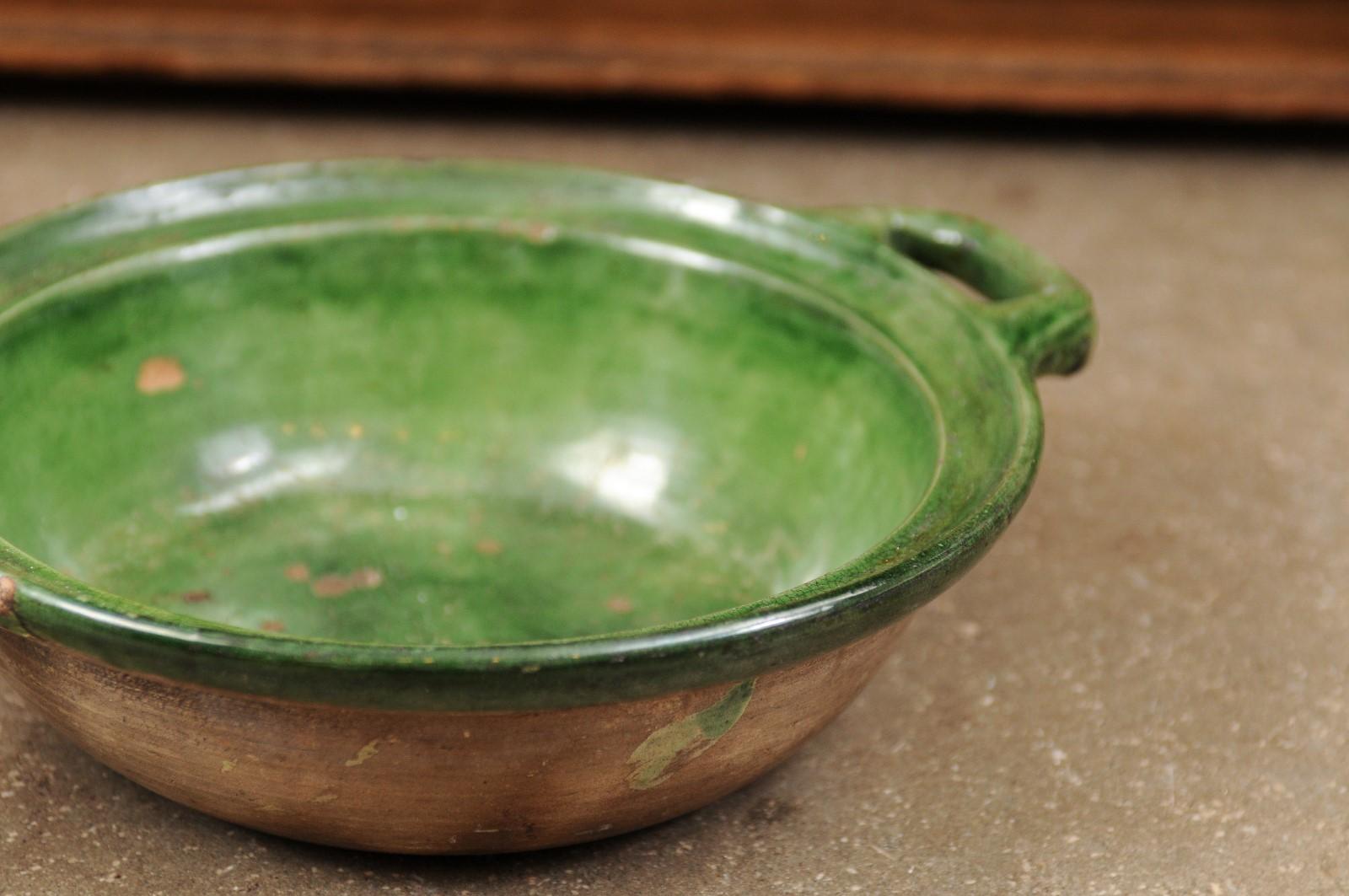 French Provincial 19th Century Green Glazed Pottery Bowl with Lateral Handles 2