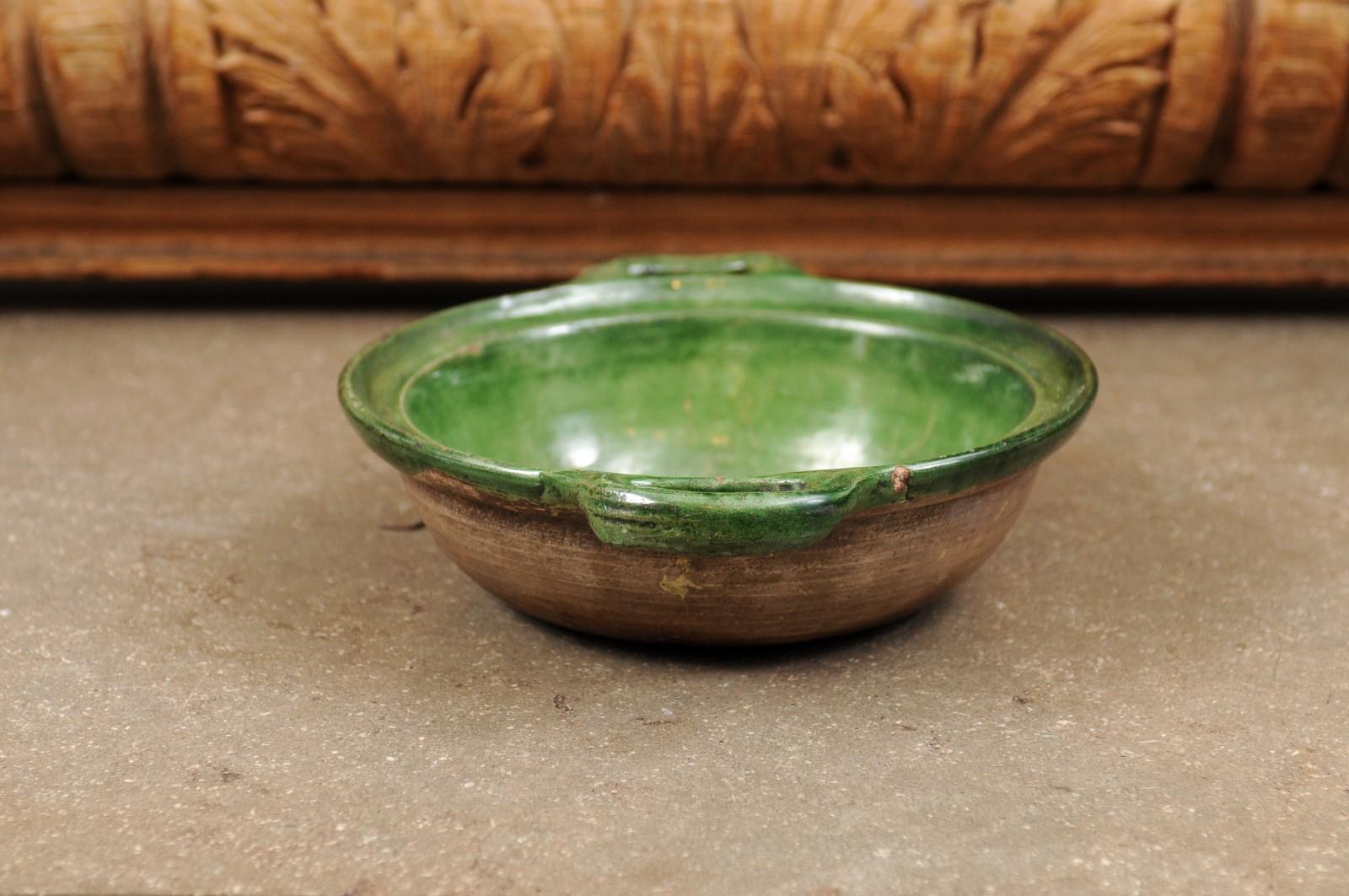 French Provincial 19th Century Green Glazed Pottery Bowl with Lateral Handles 3