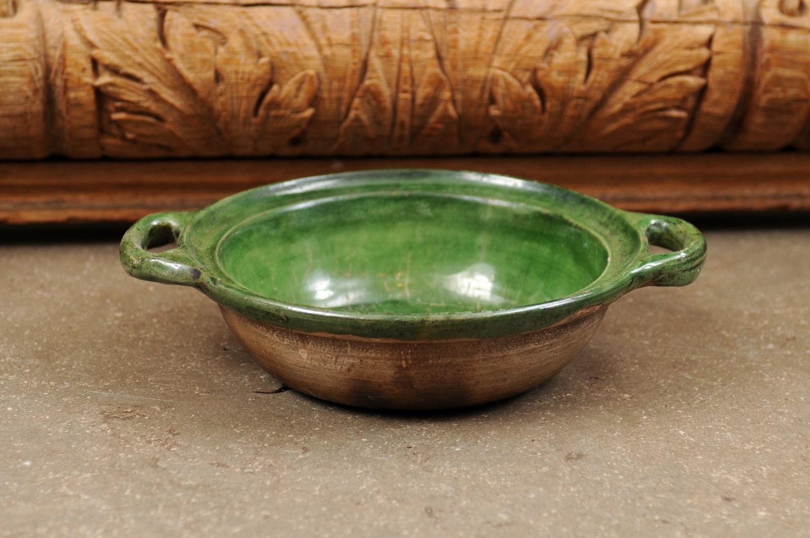 French Provincial 19th Century Green Glazed Pottery Bowl with Lateral Handles 4