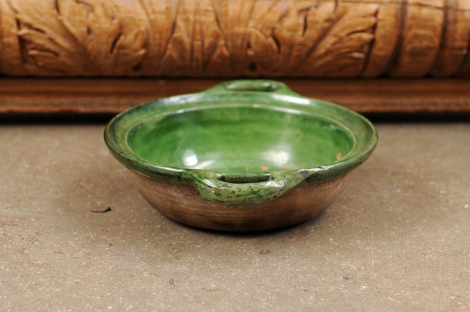 French Provincial 19th Century Green Glazed Pottery Bowl with Lateral Handles 5