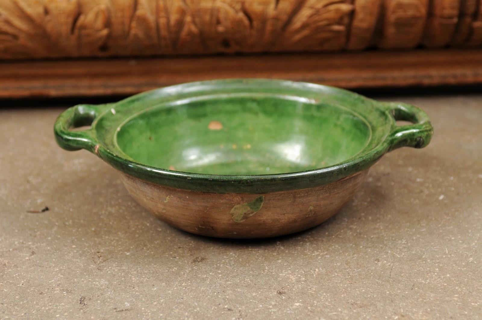 French Provincial 19th Century Green Glazed Pottery Bowl with Lateral Handles 6