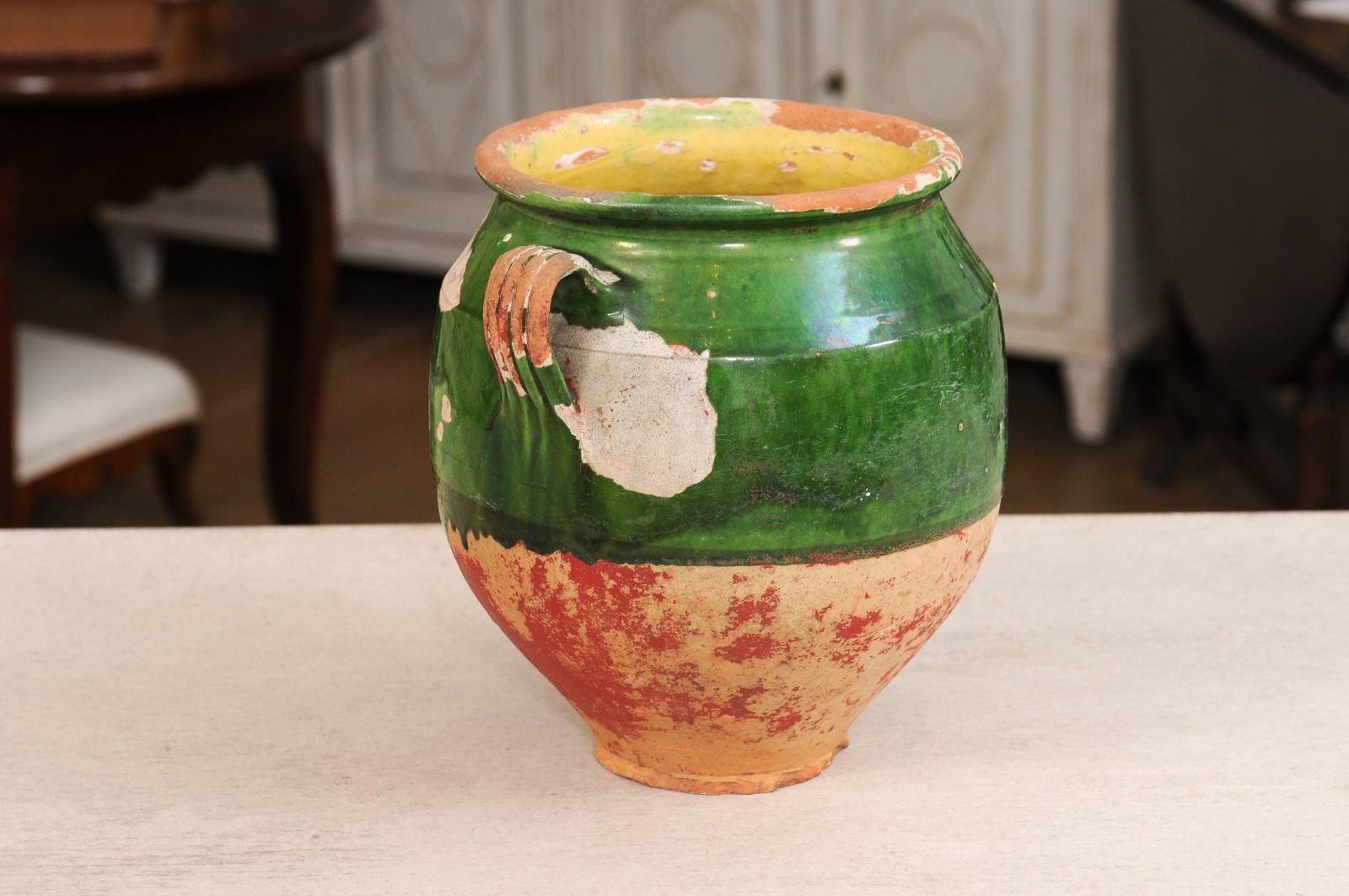 French Provincial 19th Century Green Glazed Pottery Confit Pot with Red