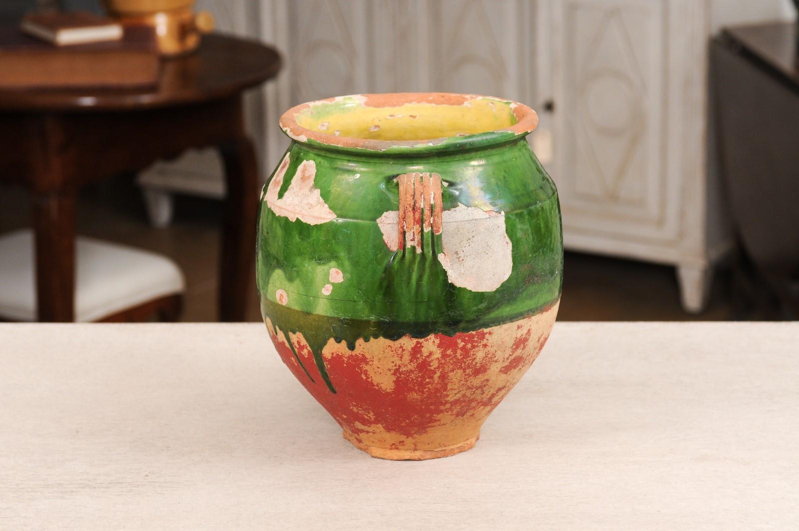 French Provincial 19th Century Green Glazed Pottery Confit Pot with Red