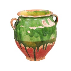 French Provincial 19th Century Green Glazed Pottery Confit Pot with Red Base