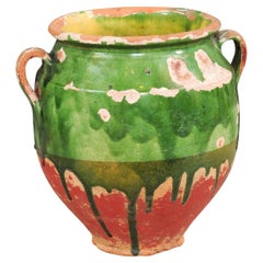French Provincial 19th Century Green Glazed Pottery Confit Pot with Red Base
