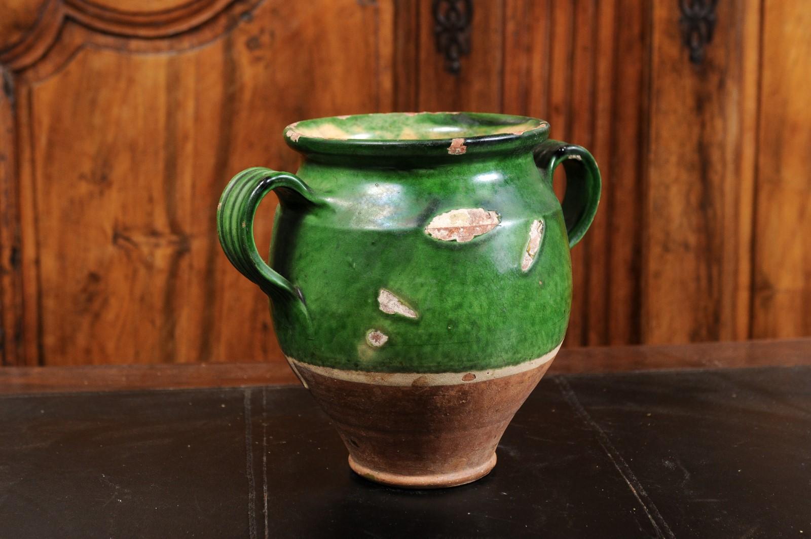 French Provincial 19th Century Green Glazed Pottery Confit Pot with Two Handles 8