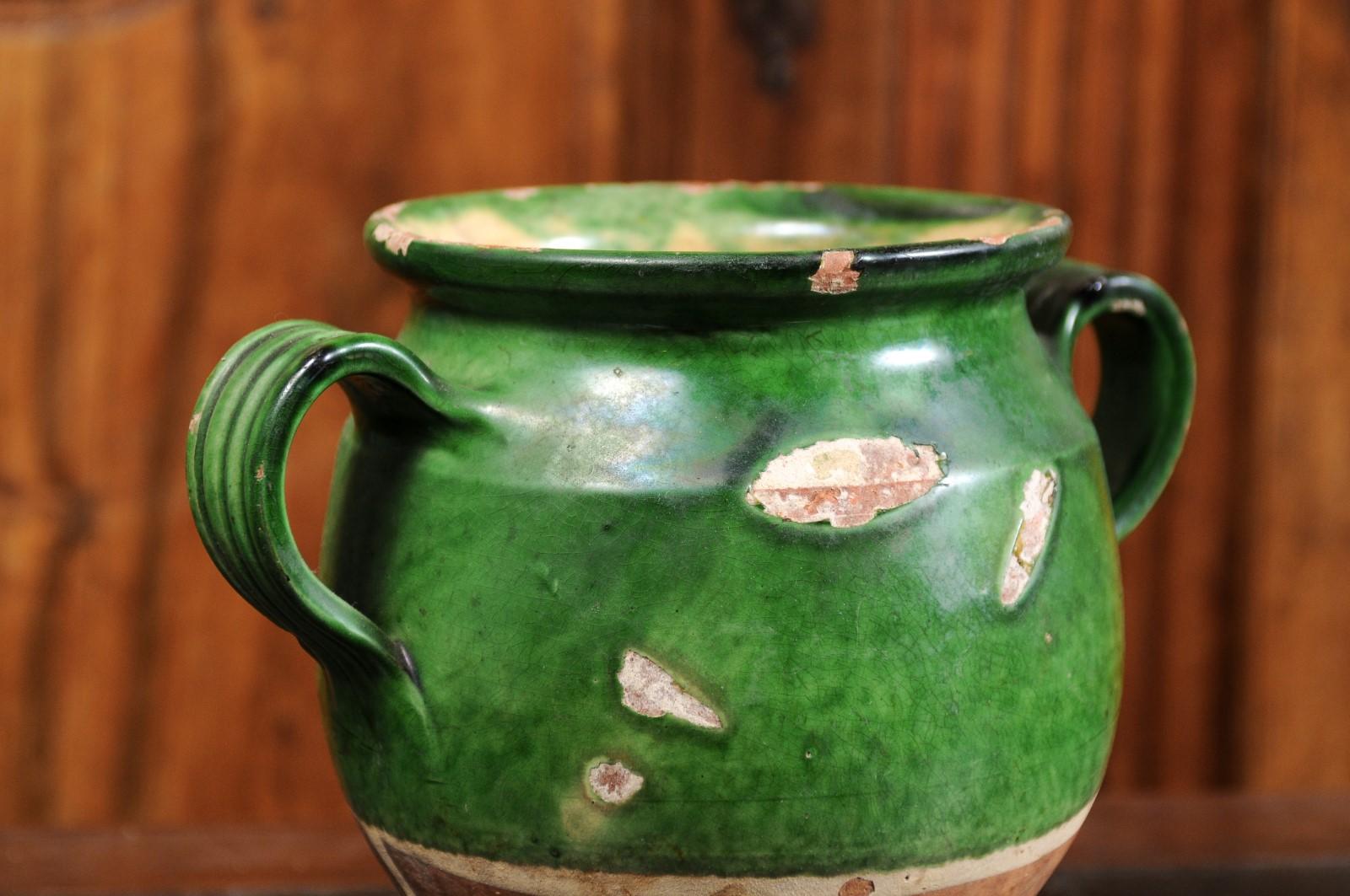 French Provincial 19th Century Green Glazed Pottery Confit Pot with Two Handles 9