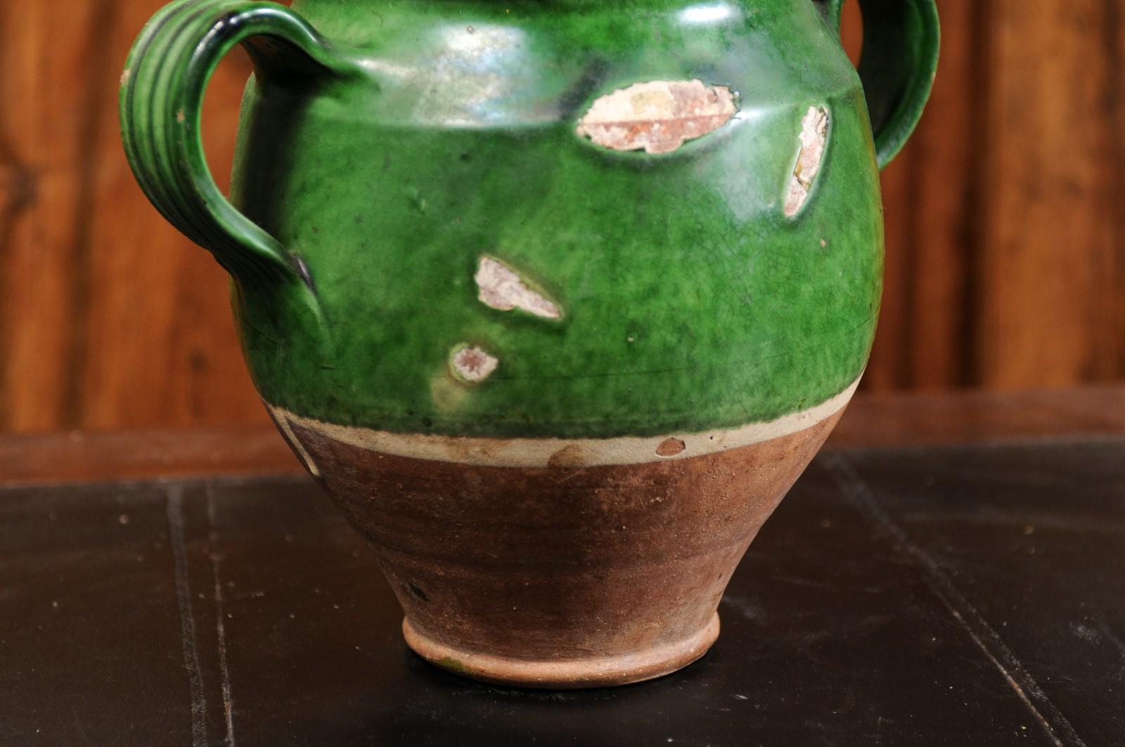 French Provincial 19th Century Green Glazed Pottery Confit Pot with Two Handles 10