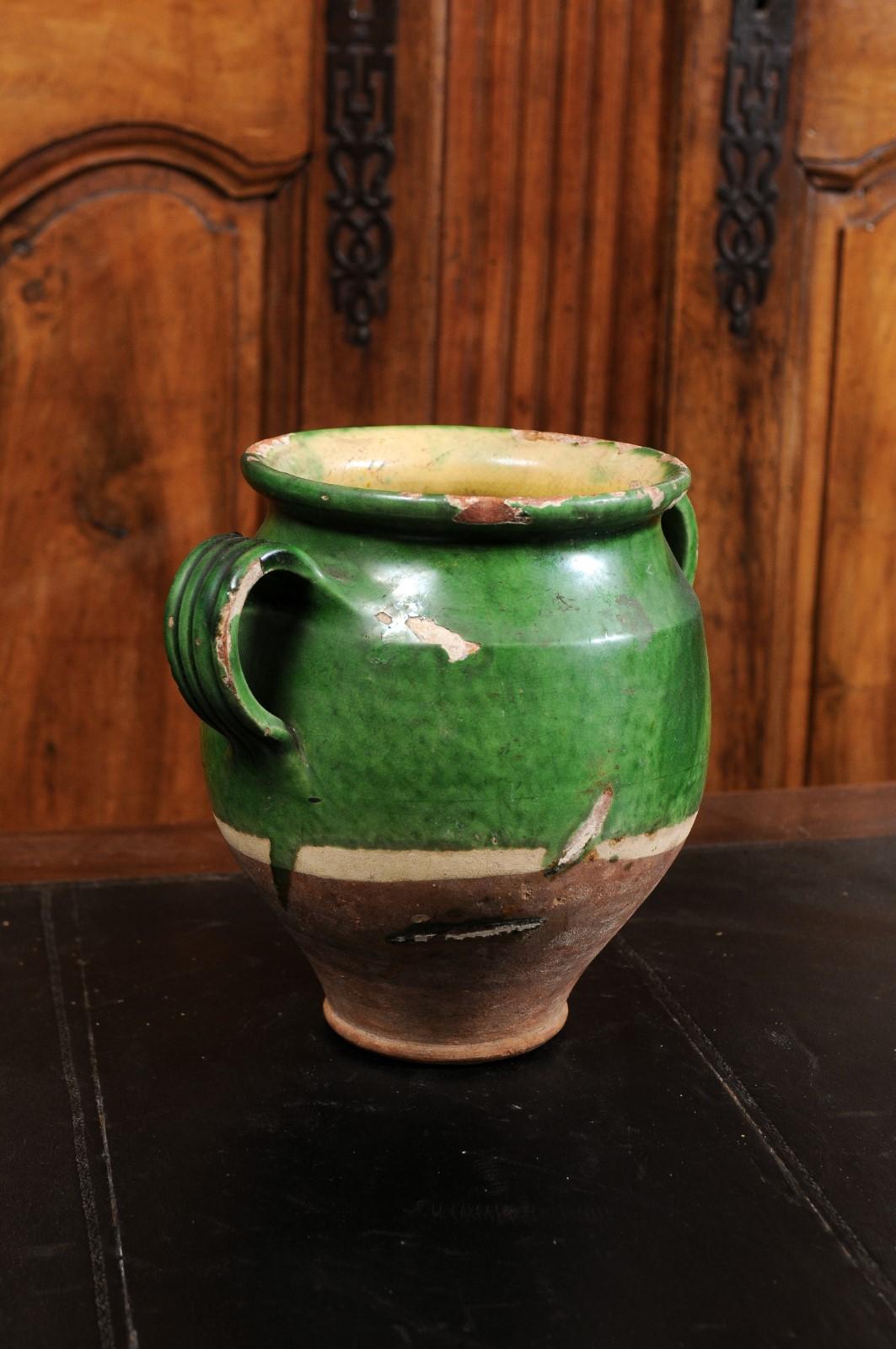 French Provincial 19th Century Green Glazed Pottery Confit Pot with Two Handles 1
