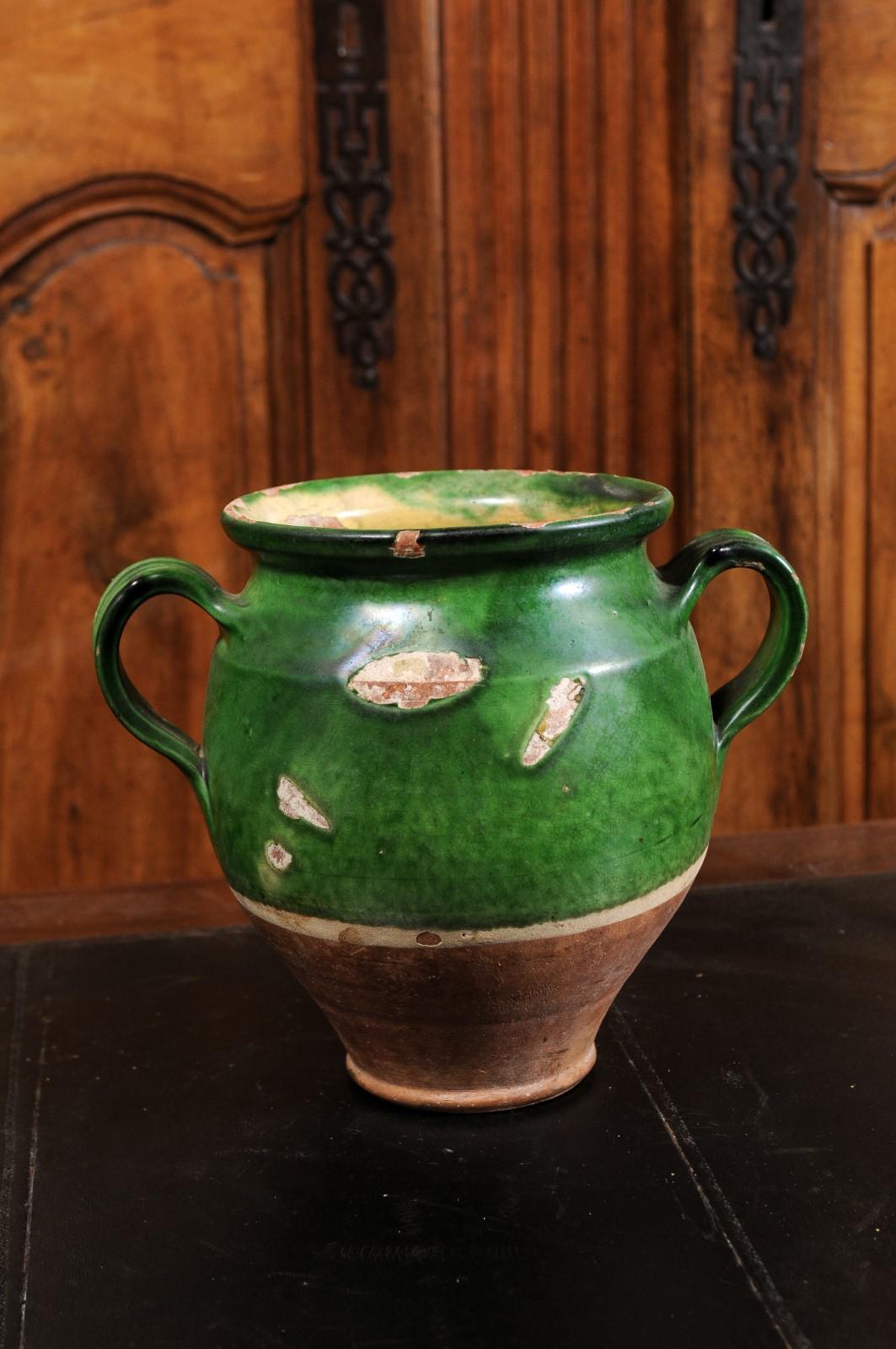 French Provincial 19th Century Green Glazed Pottery Confit Pot with Two Handles 4