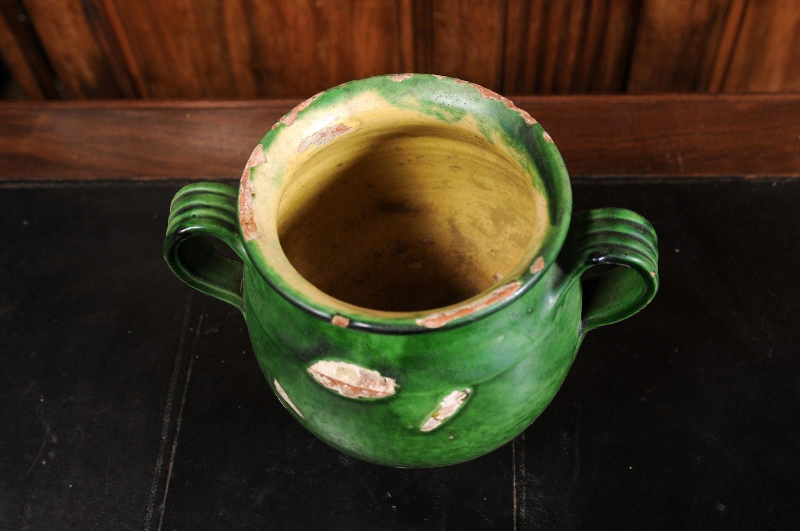 French Provincial 19th Century Green Glazed Pottery Confit Pot with Two Handles 5
