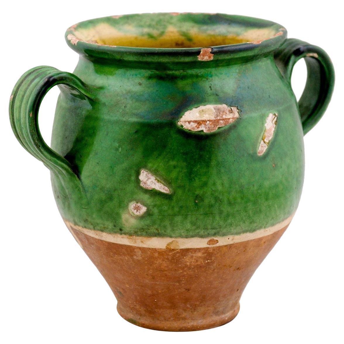 French Provincial 19th Century Green Glazed Pottery Confit Pot with Two Handles