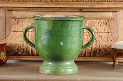 French Provincial 19th Century Green Glazed Pottery Jardinière with Aged Patina
