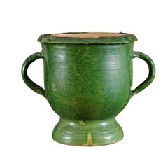 French Provincial 19th Century Green Glazed Pottery Jardinière with Aged Patina French Provincial 19th Century Green Glazed Pottery Jardinière with Aged Patina