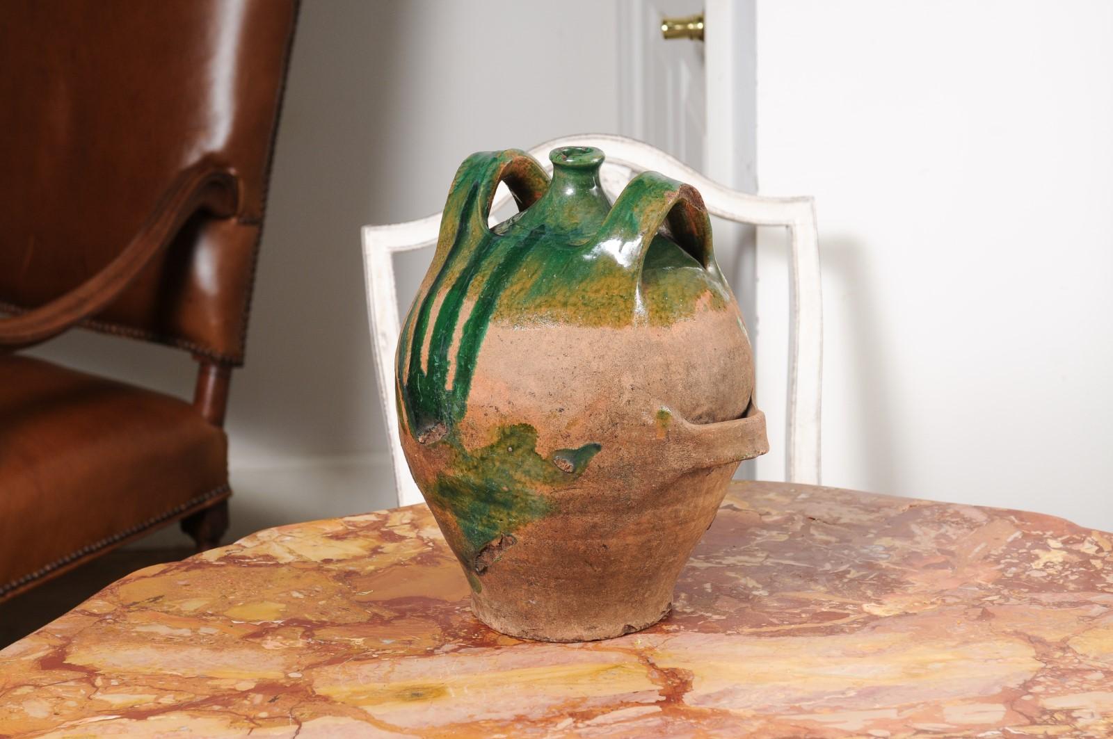 French Provincial 19th Century Green Glazed Pottery Jug with Dual Handles For Sale 9