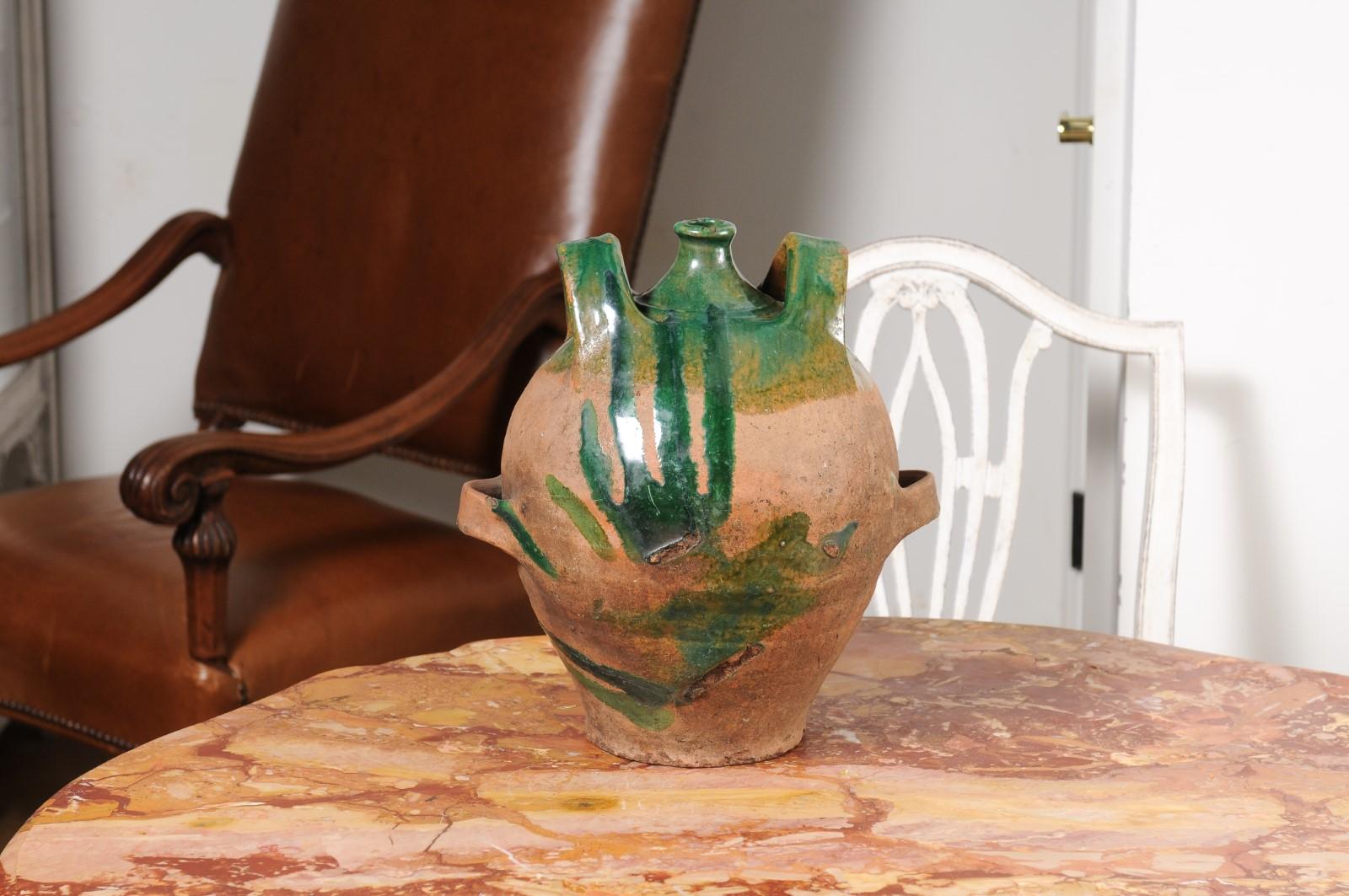 French Provincial 19th Century Green Glazed Pottery Jug with Dual Handles For Sale 10