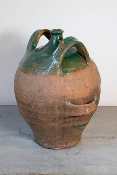 French Provincial 19th Century Green Glazed Pottery Jug with Dual Handles