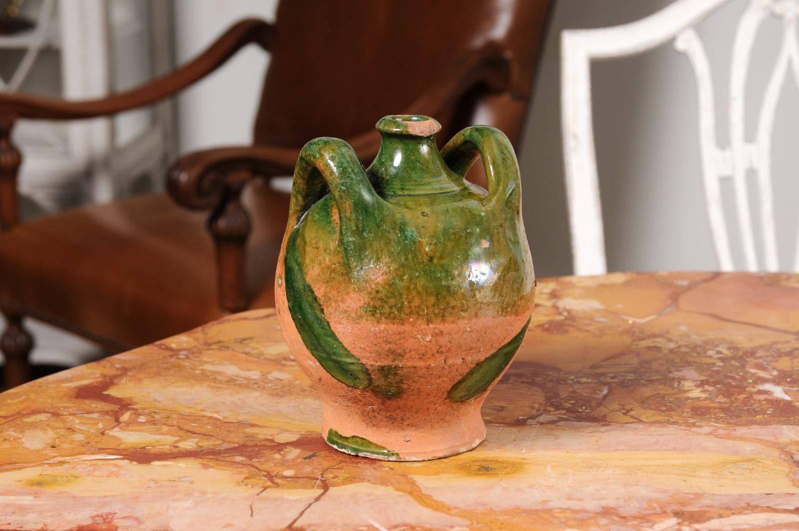 French Provincial 19th Century Green Glazed Pottery Jug with Dual Handles In Good Condition In Atlanta, GA