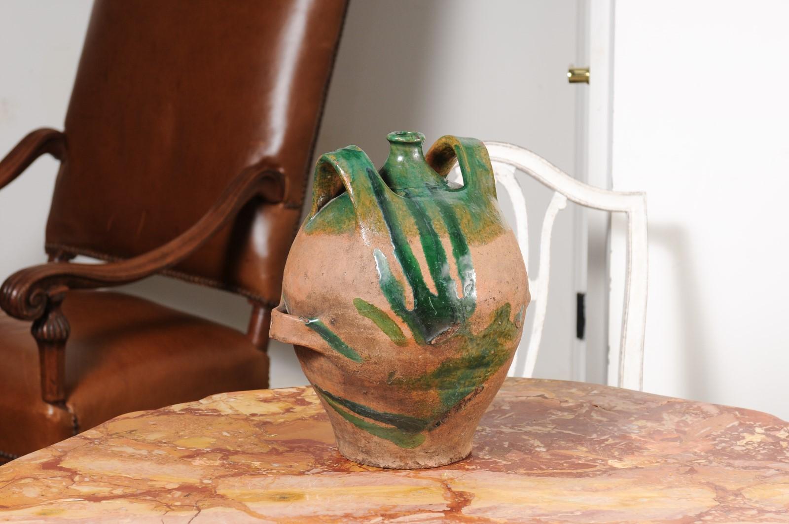 French Provincial 19th Century Green Glazed Pottery Jug with Dual Handles In Good Condition For Sale In Atlanta, GA