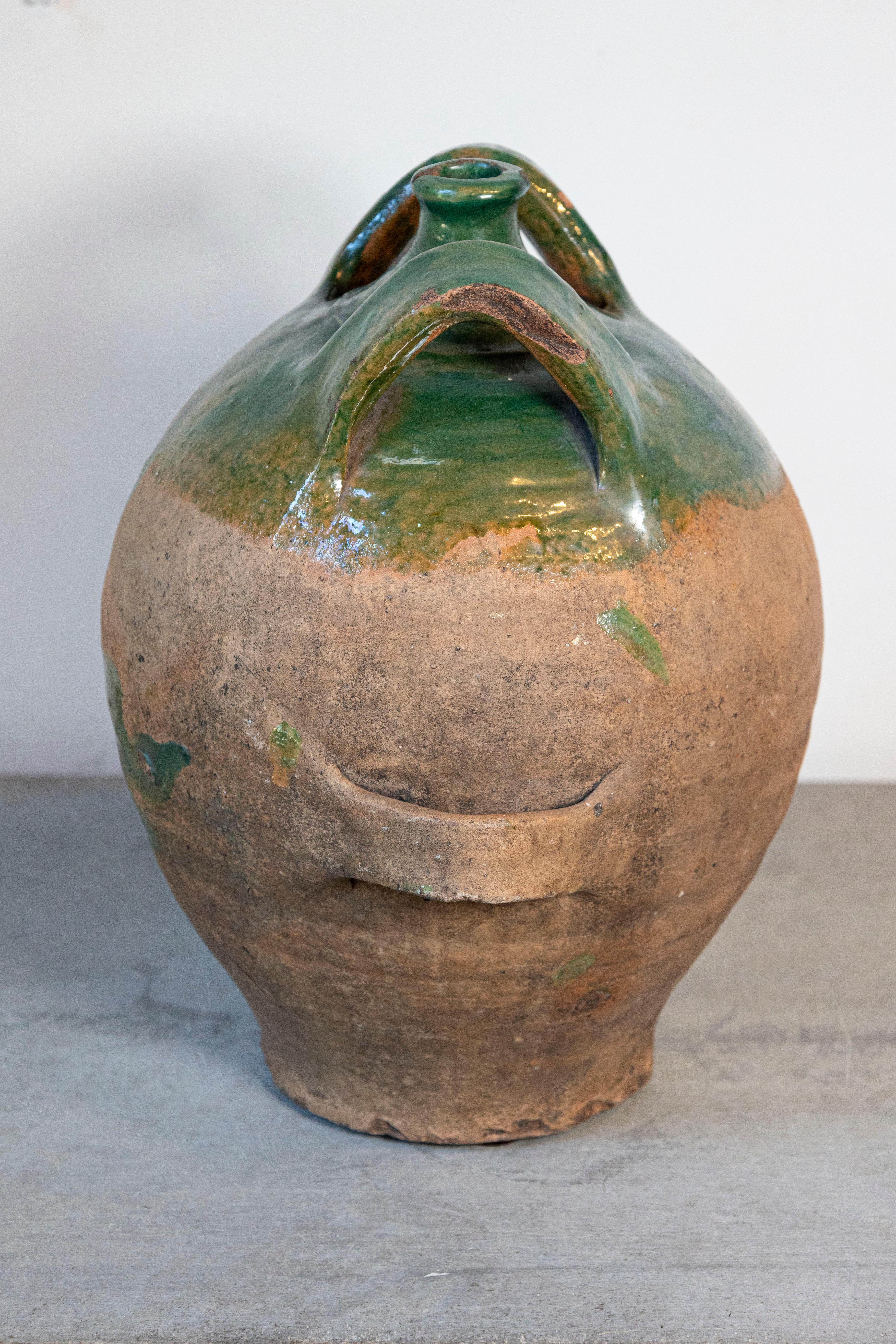 French Provincial 19th Century Green Glazed Pottery Jug with Dual Handles In Good Condition For Sale In Atlanta, GA