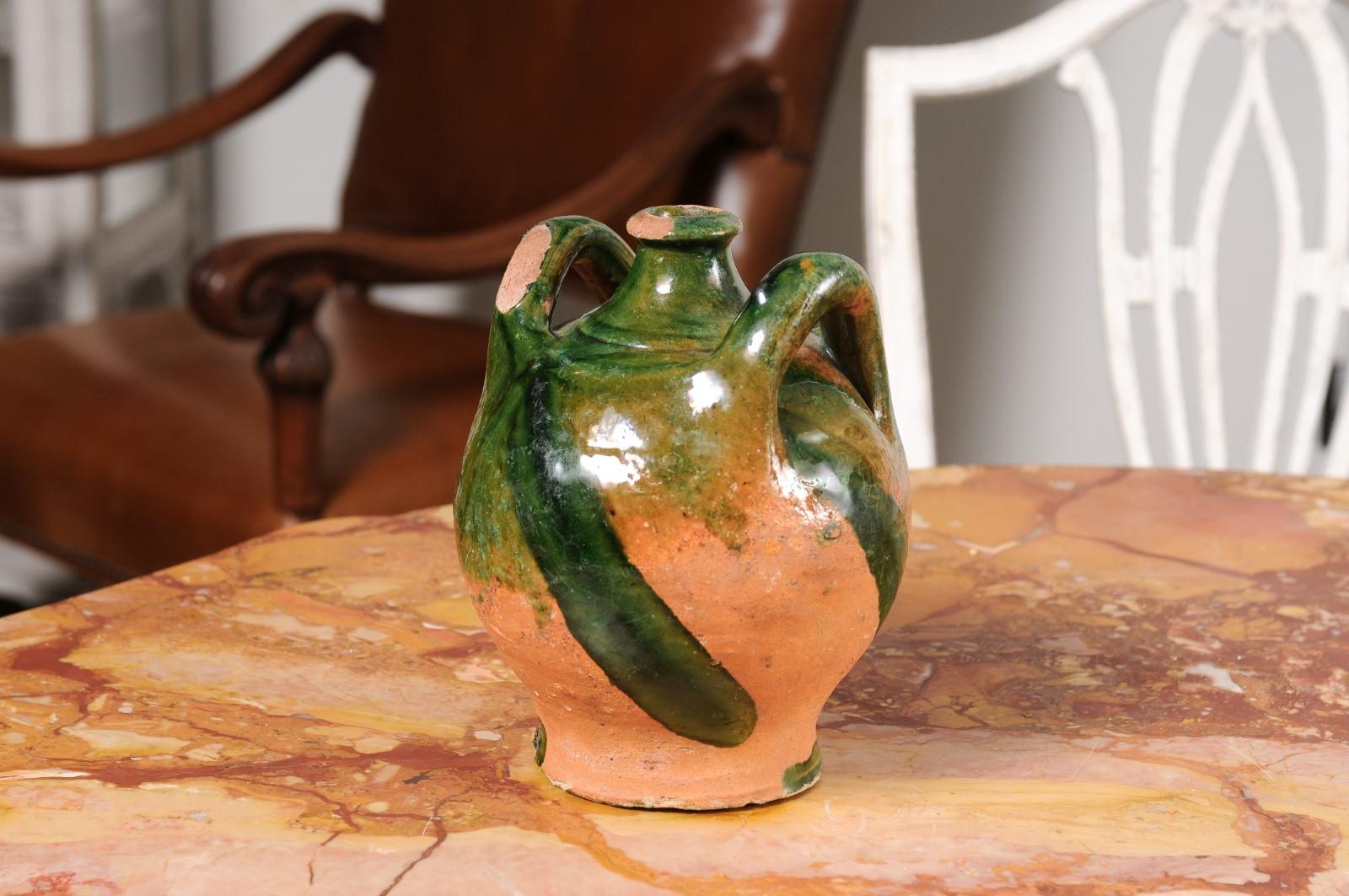 French Provincial 19th Century Green Glazed Pottery Jug with Dual Handles 2
